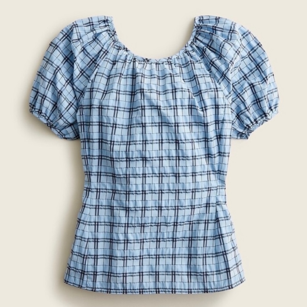 J. Crew Puff Sleeve V Back Textured Plaid Top Blue Mist Navy